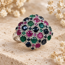 Load image into Gallery viewer, Ruby, Sapphire & Emerald Silver Cluster Ring