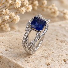 Load image into Gallery viewer, Square Sapphire & Diamonique Silver Ring