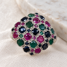 Load image into Gallery viewer, Ruby, Sapphire & Emerald Silver Cluster Ring