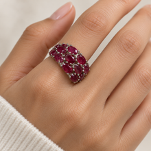 Загрузить изображение в средство просмотра галереи, Three-Row Ruby & White Zircon Ring in Rhodium-Plated Sterling Silver