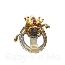 Load image into Gallery viewer, Chinese dragon sterling silver ring filled with rubies and emeralds