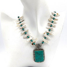 Load image into Gallery viewer, Blue Turquoise and long pearl necklace with turquoise pendant