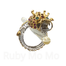 Load image into Gallery viewer, Chinese dragon sterling silver ring filled with rubies and emeralds