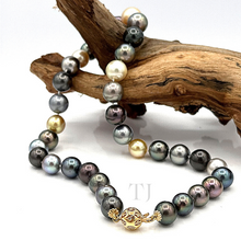 Load image into Gallery viewer, closer view of Akoya pearl necklace with 14k gold clasp