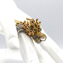 Load image into Gallery viewer, Chinese dragon sterling silver ring filled with rubies and emeralds