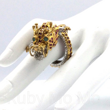 Load image into Gallery viewer, Chinese dragon sterling silver ring filled with rubies and emeralds