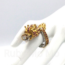 Load image into Gallery viewer, Chinese dragon sterling silver ring filled with rubies and emeralds