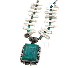 Load image into Gallery viewer, Blue Turquoise and long pearl necklace with turquoise pendant