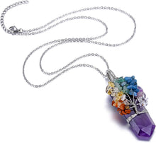Load image into Gallery viewer, Amethyst point chakra tree pendant with silver colored stainless steel chain