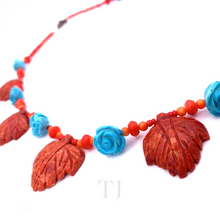 Cargar imagen en el visor de la galería, Red Coral Leaves & Blue Turquoise Rose Necklace