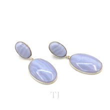 Load image into Gallery viewer, Blue Lace Agate Oval Cabochon hanging earrings in sterling silver