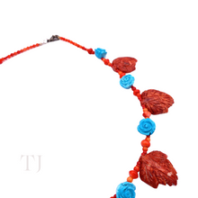 Cargar imagen en el visor de la galería, Red Coral Leaves & Blue Turquoise Rose Necklace