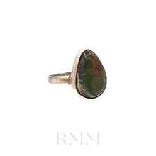 Load image into Gallery viewer, Side view of Ammolite gemstone tear drop ring in sterling silver