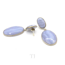 Load image into Gallery viewer, Blue Lace Agate Oval Cabochon hanging earrings in sterling silver