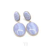 Load image into Gallery viewer, Blue Lace Agate Oval Cabochon hanging earrings in sterling silver