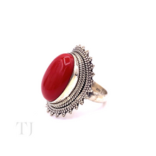 Load image into Gallery viewer, Coral Cabochon with Designed Sterling Silver Ring