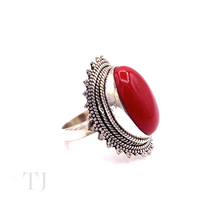 Load image into Gallery viewer, Coral Cabochon with Designed Sterling Silver Ring