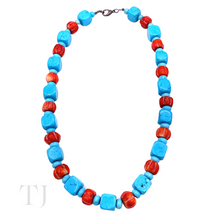 Load image into Gallery viewer, Blue Turquoise & Red Coral Necklace with lobster clasp