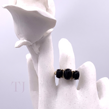 Load image into Gallery viewer, Three Black Onyx Cabochon stones in sterling silver setting ring on a doll's finger