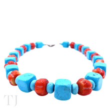 Load image into Gallery viewer, Blue Turquoise & Red Coral Necklace with lobster clasp