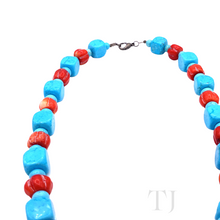 Load image into Gallery viewer, Blue Turquoise & Red Coral Necklace with lobster clasp