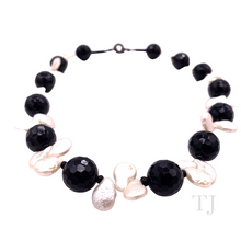 Load image into Gallery viewer, Black Onyx Faceted with Baroque Pearl Necklace with silver clasp