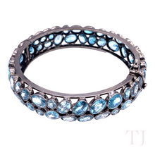 Load image into Gallery viewer, Aquamarine silver bangle bracelet (rhodium coated) with a clasp