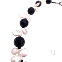 Load image into Gallery viewer, closer view of Black Onyx Faceted with Baroque Pearl Necklace in 925