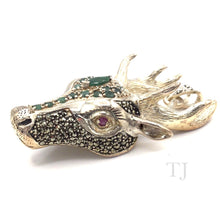 Load image into Gallery viewer, Emerald in Deer Shape with Ruby Eye in Sterling Silver Pendant