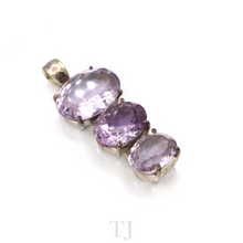 Load image into Gallery viewer, top side view of Amethyst triple oval pendant in sterling silver