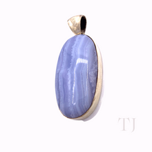 Load image into Gallery viewer, Blue Lace Agate Oval Cabochon in sterling silver framed pendant