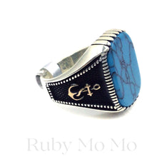Cargar imagen en el visor de la galería, Blue Turquoise Flat stone in a sterling silver framed ring, especially for men