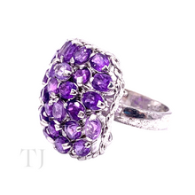 Load image into Gallery viewer, Side view of Amethyst oval cut stones ring in sterling silver