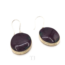Load image into Gallery viewer, Anyolite Ruby in Zoisite Hanging Oval Earrings in gold coated sterling silver
