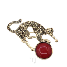 Load image into Gallery viewer, Coral with Sterling Silver Cat Brooch