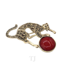 Load image into Gallery viewer, Coral with Sterling Silver Cat Brooch