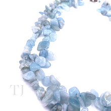 Load image into Gallery viewer, left side view of Aquamarine chip and nugget 2 layered necklace with lobster clasp