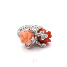 Load image into Gallery viewer, Italian Red & Salmon Coral with Diamonique Ring in Sterling Silver