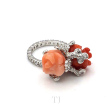 Load image into Gallery viewer, Italian Red & Salmon Coral with Diamonique Ring in Sterling Silver