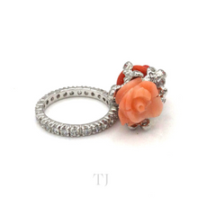 Load image into Gallery viewer, Italian Red & Salmon Coral with Diamonique Ring in Sterling Silver