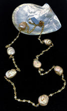 Load image into Gallery viewer, Natural Freshwater Gold Flap Pearl with Gold Over Silver Chain Long Necklace
