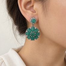 Load image into Gallery viewer, Emerald &amp; White Zircon Circle Earrings in Rhodium-Plated Sterling Silver
