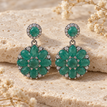 Load image into Gallery viewer, Emerald &amp; White Zircon Circle Earrings in Rhodium-Plated Sterling Silver
