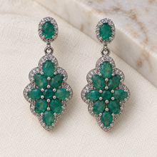 Load image into Gallery viewer, Emerald &amp; White Zircon Long Earrings in Rhodium-Plated Sterling Silver
