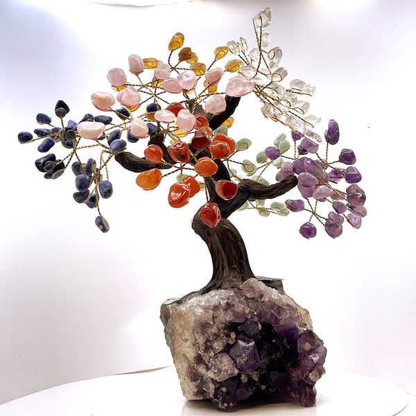 7 Chakra Gemstone with Amethyst Cluster Base Tree of Life
