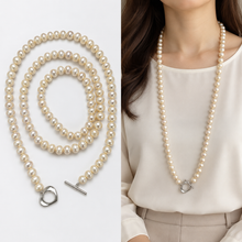 Загрузить изображение в средство просмотра галереи, Long Pearl Necklace with Metal Heart Clasp
