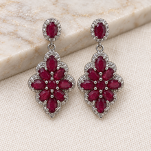 Load image into Gallery viewer, Ruby &amp; White Zircon Long Earrings in Rhodium-Plated Sterling Silver
