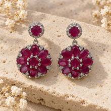 Load image into Gallery viewer, Ruby &amp; White Zircon Circle Earrings in Rhodium-Plated Sterling Silver

