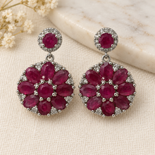 Load image into Gallery viewer, Ruby &amp; White Zircon Circle Earrings in Rhodium-Plated Sterling Silver
