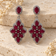 Load image into Gallery viewer, Ruby &amp; White Zircon Long Earrings in Rhodium-Plated Sterling Silver
